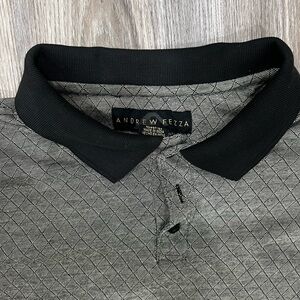 Vintage Andrew Fezza Polo Black Collar Olive Diamond Jacquard Woven Pattern
